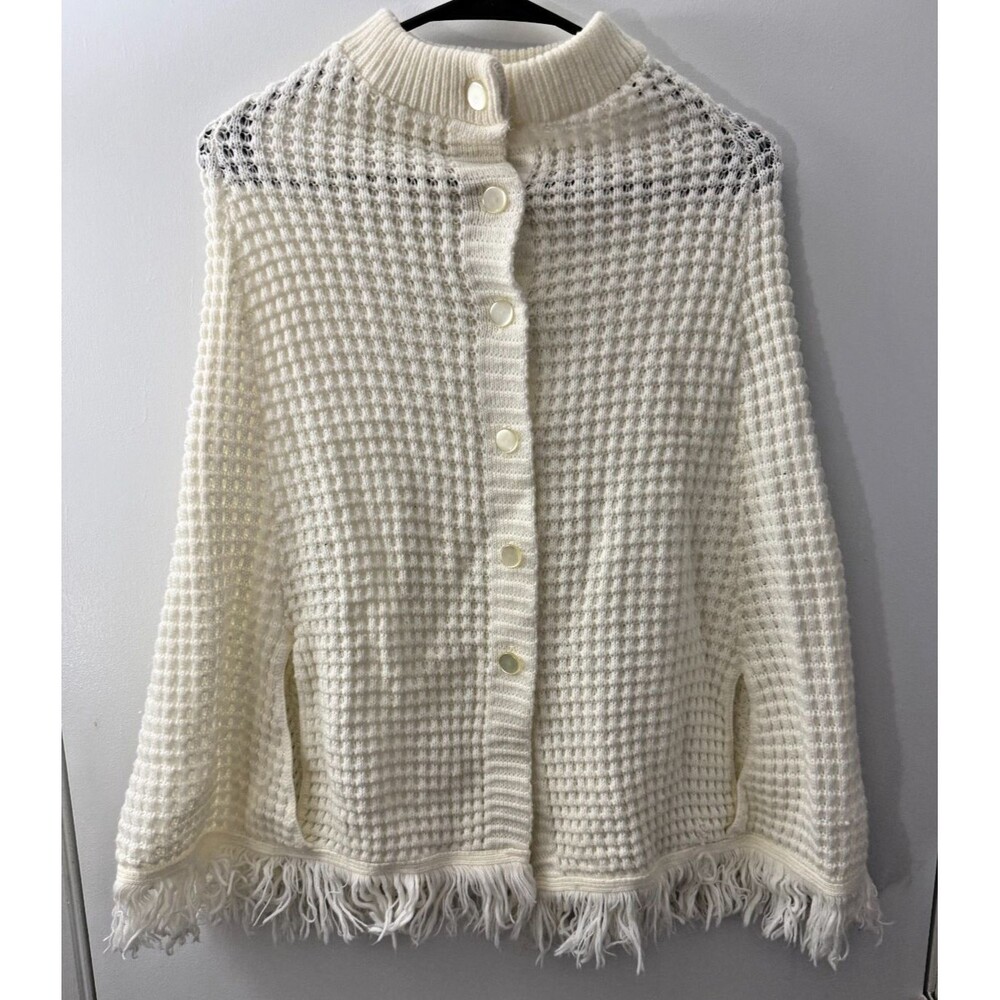 Vintage 50s 60s Crochet White Shawl Cape Sweater Knit Women's Fringe One Size